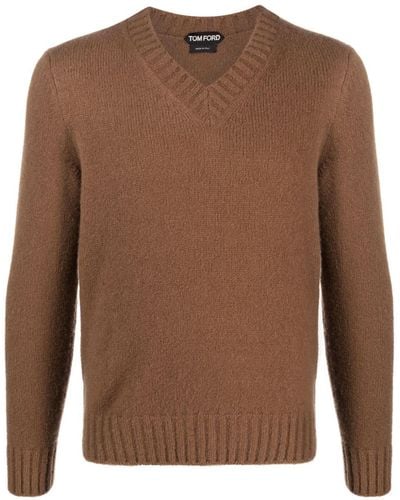 Tom Ford Ribbed-knit V-neck Jumper - Brown