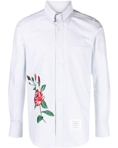 Thom Browne Rose-embroidered Striped Cotton Shirt - White