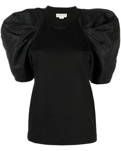 Alexander McQueen T-SHIRT CON MANICHE ARRICCIATE IN POLY FAILLE - Nero