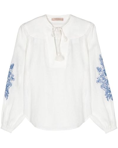 Twin Set Chambray-Bluse mit Blumenstickerei - Weiß