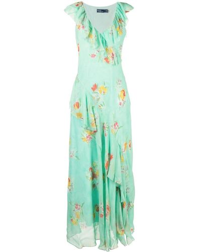 Polo Ralph Lauren Gebloemde Georgette Maxi-jurk Met Ruches - Groen