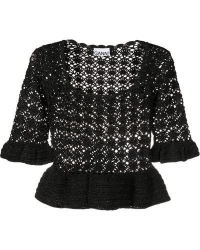 Ganni Metallic Crochet Peplum Top Black