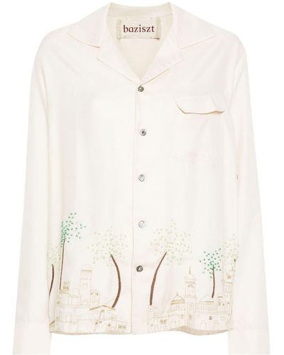 BAZISZT Motif-embroidered Long-sleeve Shirt - Natural