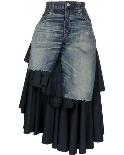 Junya Watanabe Pleated Layered Patchwork Denim Skirt - Blue