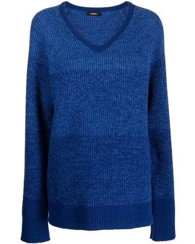 Goen.J V-neck Ribbed-knit Sweater - Blue