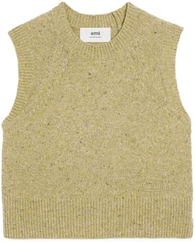 Ami Paris Logo-embroidered Knitted Vest - Natural