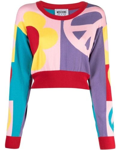 Moschino Jeans Patterned Intarsia-knit V-neck Jumper - Multicolour