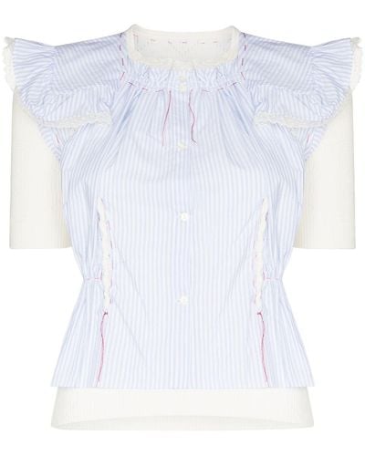 Maison Margiela Pinstriped Ruffled Short-sleeve Paneled Blouse - White