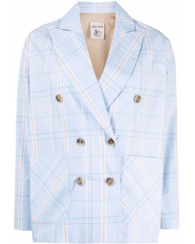 Semicouture Check-print Double-breasted Blazer - Blue