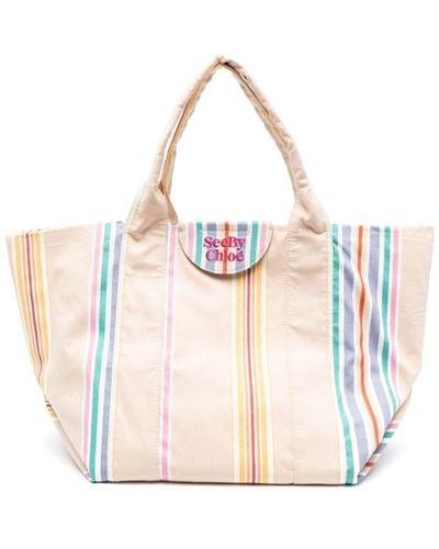 See By Chloé Striped Cotton Tote Bag - White