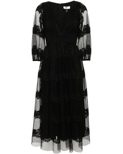Nissa Floral-lace Tiered Midi Dress - Black