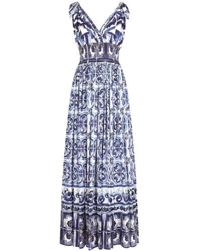 Dolce & Gabbana Robe Longue Dos Ouvert En Popeline De Coton Imprimée À Smocks - Bleu