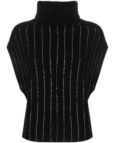 Allude Rhinestone-stripes Ribbed-knit Top - Black