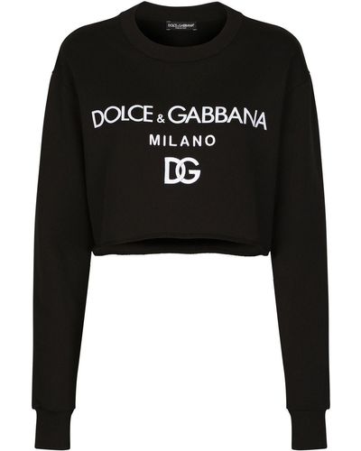 Dolce & Gabbana Logo Print Cropped Cotton Sweatshirt - Black