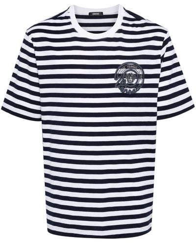 Versace Gestreiftes T-Shirt mit Medusa-Stickerei - Blau