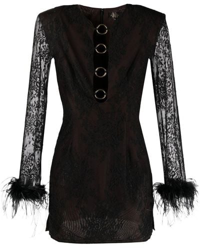 De La Vali Feather-embellished Lace Minidress - Black