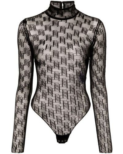 Elisabetta Franchi Logo-print Semi-sheer Bodysuit - Black