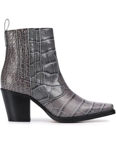 Ganni Callie Western Crocodile-effect Leather Boots - Grey