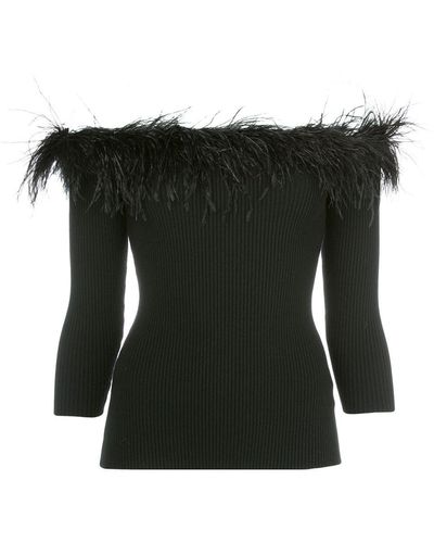MILLY Feather-trimmed Off-the-shoulder Top - Black