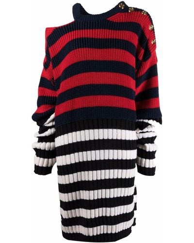 Balmain Ribbed-knit Striped Dress - Red