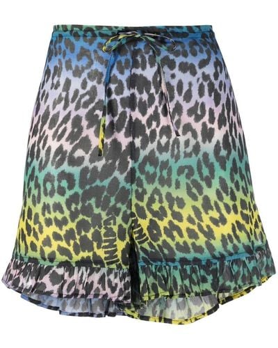 Ganni Leopard-print Elasticated-waist Shorts - Blue