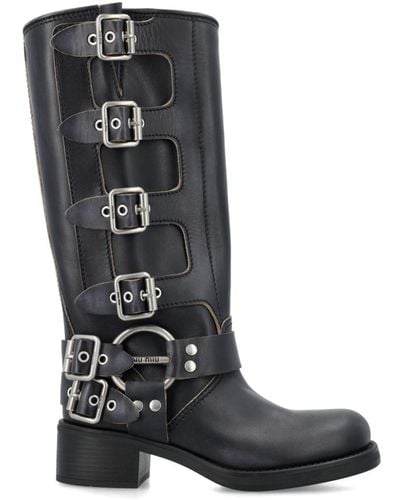 Miu Miu Buckled Knee-high Leather Boots - Black