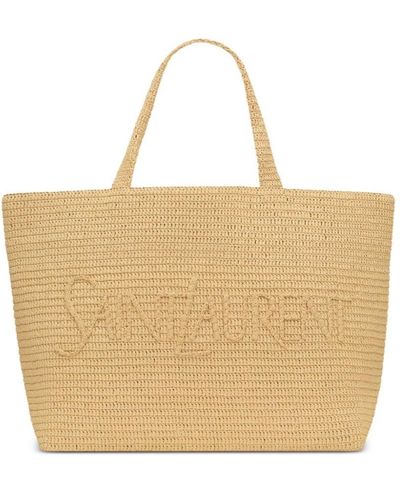 Saint Laurent Logo-Embroidered Raffia Tote Bag - Natural