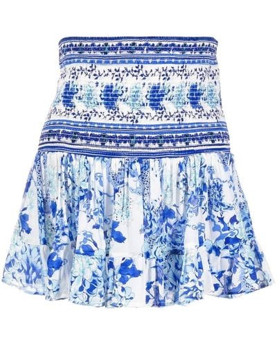 Camilla Floral-print Shirred Skirt - Blue