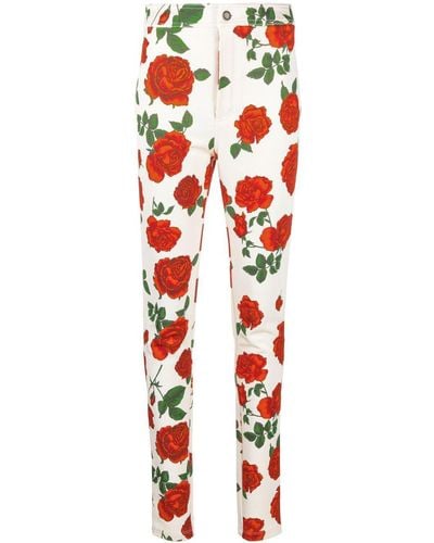 Saint Laurent Rose-print Skinny-fit Pants - Red