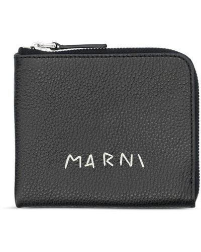 Marni Logo-stitch Zipped Leather Wallet - Black