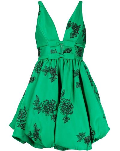 Marchesa Floral-embroidery V-neck Minidress - Green