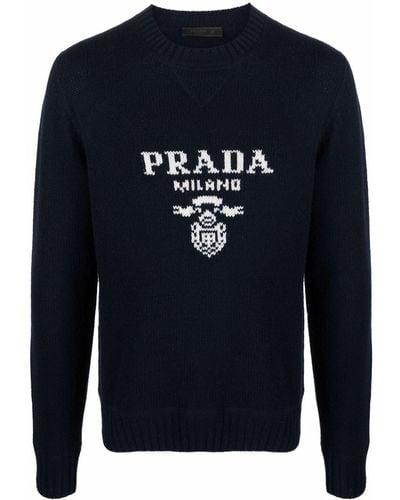 Prada Intarsia-knit Logo Sweatshirt - Blue