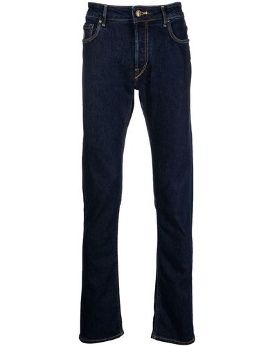 Hand Picked Embroidered-logo Slim-cut Jeans - Blue