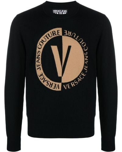 Versace Jeans Couture Pull en laine à logo intarsia - Noir