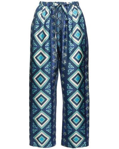 La DoubleJ Geometric-pattern Cropped Silk Trousers - Blue