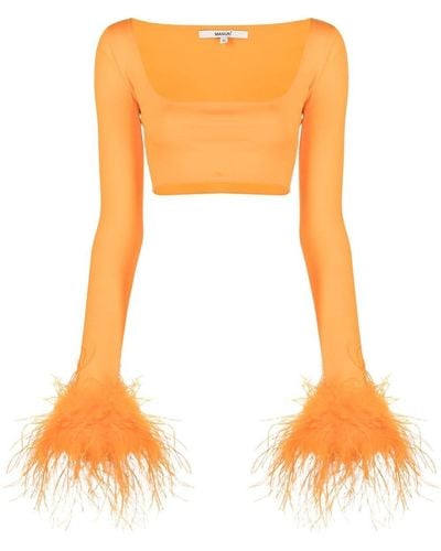 MANURI Feather-cuff Crop Top - Orange