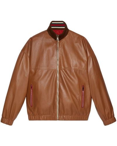 Gucci Leather Bomber Jacket - Brown