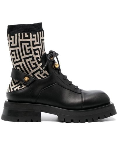 Balmain Pb-monogram Sock-ankle Leather Boots - Black