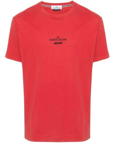 Stone Island Logo-Print Cotton T-Shirt - Red