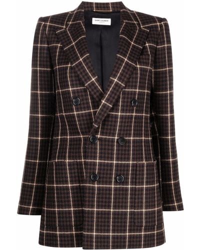 Saint Laurent Checked Double-breasted Blazer - Brown