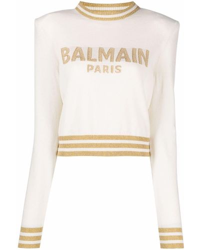 Balmain Pull crop à logo en intarsia - Blanc