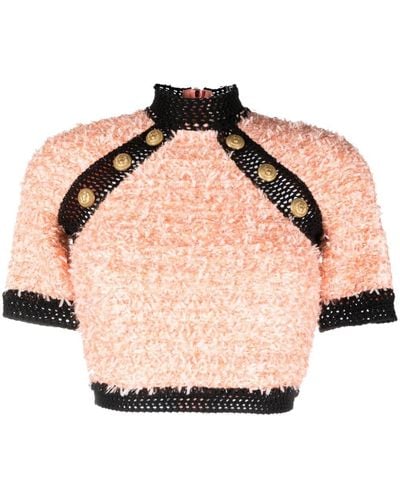 Balmain Button-embellished Tweed Crop Top - Pink