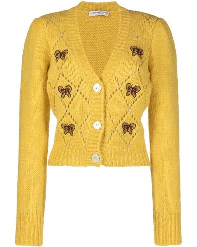 Alessandra Rich Butterfly-embroidered Pointelle Cardigan - Yellow
