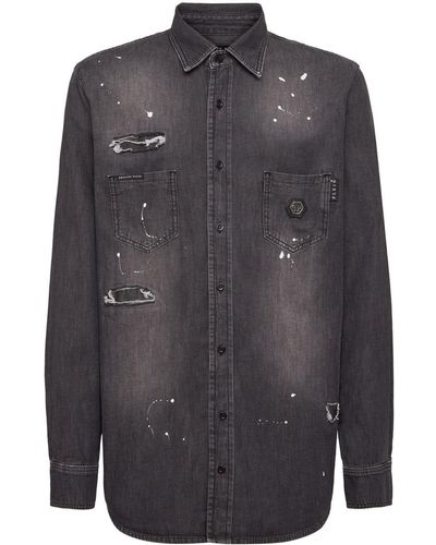 Philipp Plein Camisa Crystal Skull vaquera - Gris