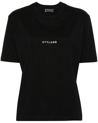 Styland Katoenen T-shirt Met Glitterdetail - Zwart