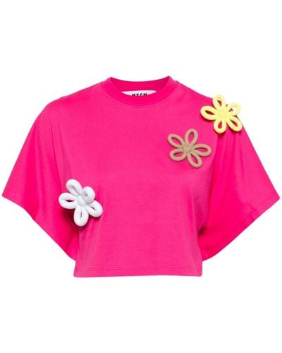 MSGM Floral-appliqué Cotton T-shirt - Roze