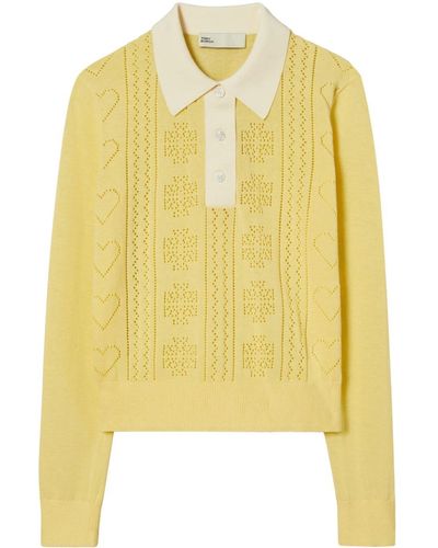 Tory Burch Contrasting-trim Pointelle-knit Top - Yellow