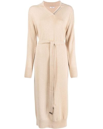 Peserico Belted Long-sleeve Knitted Dress - Natural