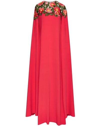 Oscar de la Renta Camellia Floral-embroidery Dress - Red