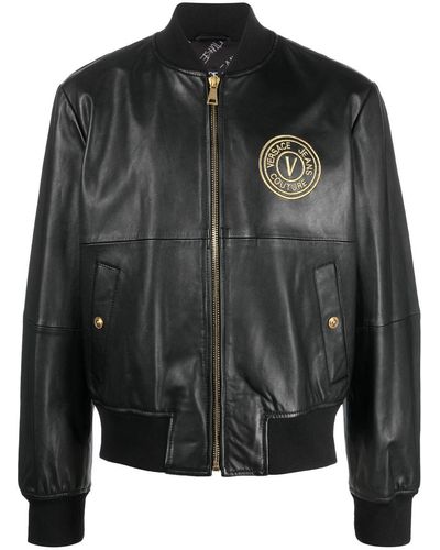 Versace Jeans Couture Logo-embroidered Leather Jacket - Black